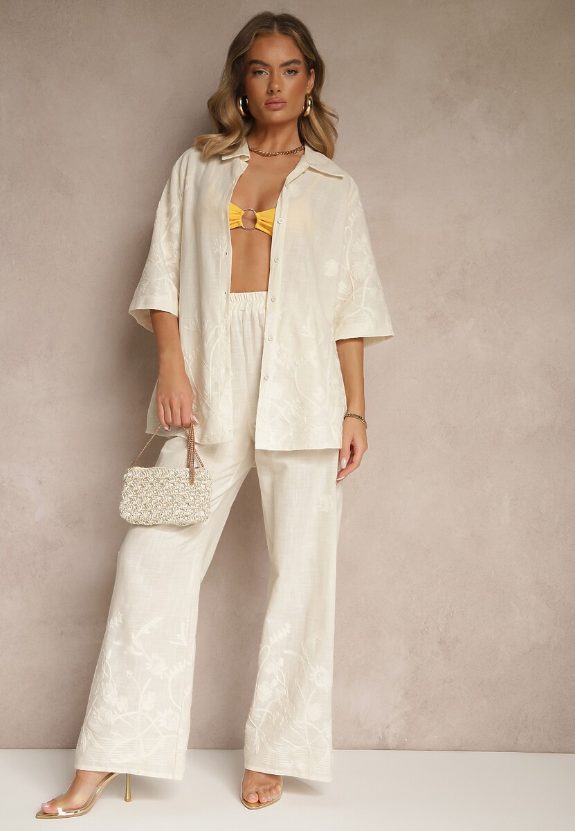 Jasnobeżowy Komplet z Bawełny Spodnie o Szerokim Kroju i Koszula Divisna