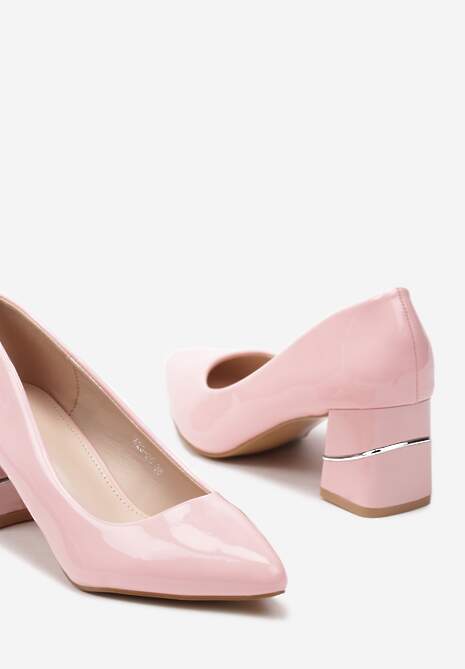 Różowe Wsuwane Czółenka z Lakierowanej Ekoskóry na Słupku z Aplikacją Aalavira