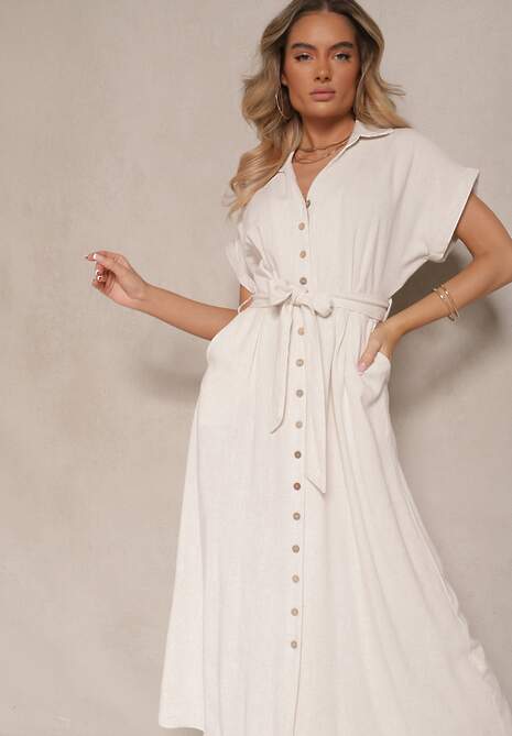 Jasnobeżowa Bawełniana Sukienka Koszulowa z Wiązanym Paskiem i Krótkim Rękawem Elannoria