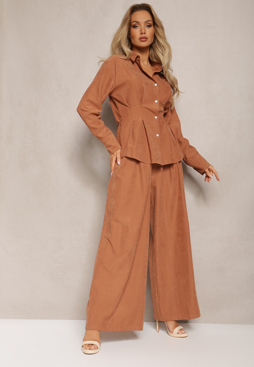 Brązowy Komplet Luźne Spodnie na Gumce i Dłuższa Koszula Wiązana na Plecach Darienas