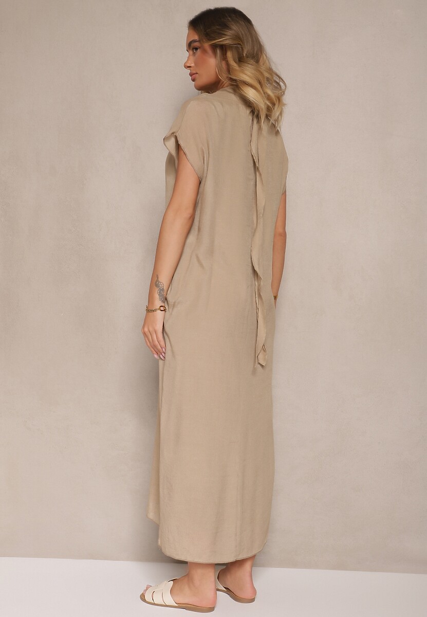 Beżowa Sukienka o Pudełkowym Kroju z Wiązaniem Napalea