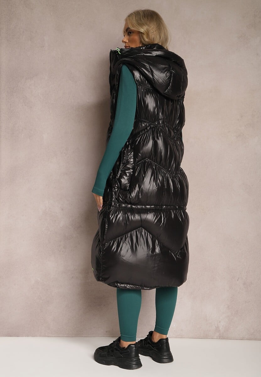 Czarna Długa Kamizelka Pikowana z Kapturem Azalira