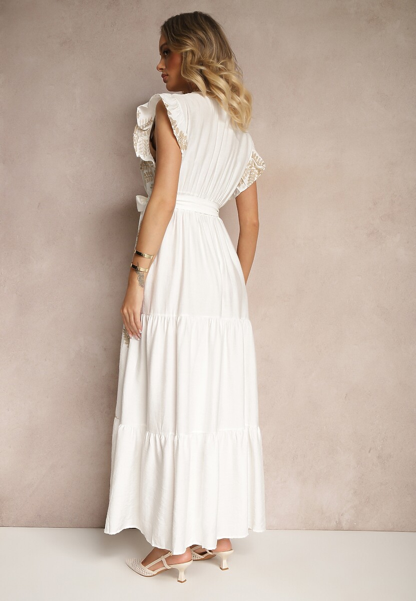 Biała Sukienka z Wiskozy z Ozdobnym Haftem i Metaliczną Nicią Grelvesa