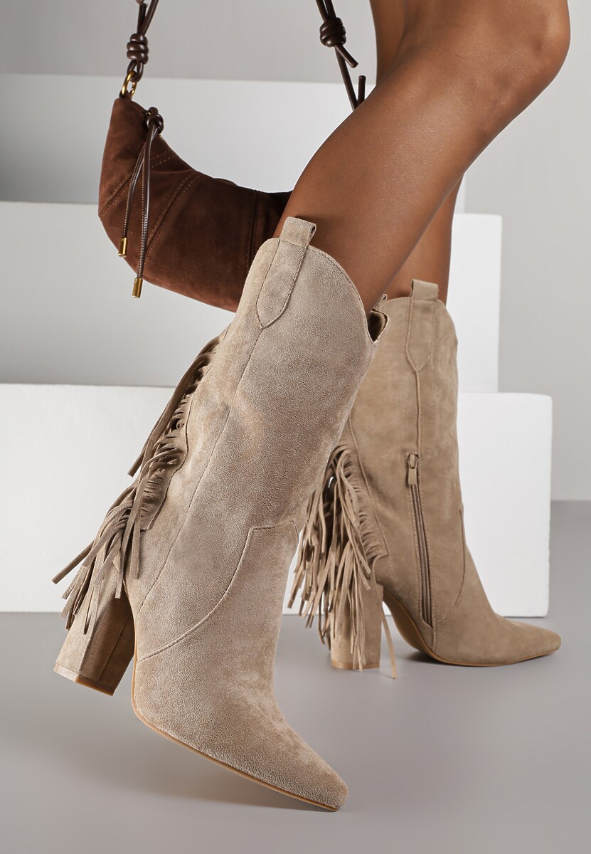 Brązowe Botki Kowbojki na Słupku Ozdobione Frędzlami Reikka