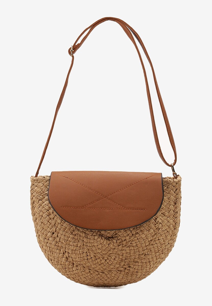 Ciemnobeżowa Mała Torebka Boho na Ramię z Połączenia Plecionki i Ekoskóry Virtha