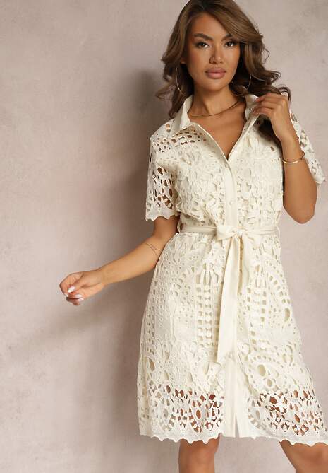 Beżowa Ażurowa Sukienka Koszulowa Wiązana w Pasie Lonnija