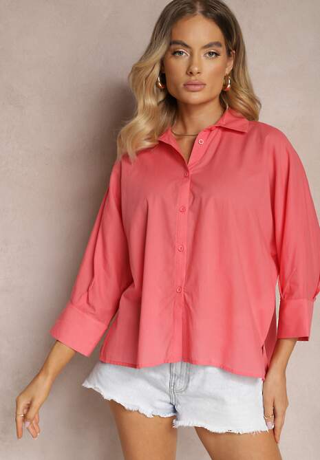 Ciemnoróżowa Koszula z Bawełny Rękawy 3/4 Typu Nietoperz Delilatia