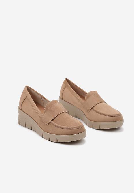 Ciemnobeżowe Półbuty Mokasyny na Koturnie z Wkładką ze Skóry Naturalnej Ozdobione Paskiem Zorvia