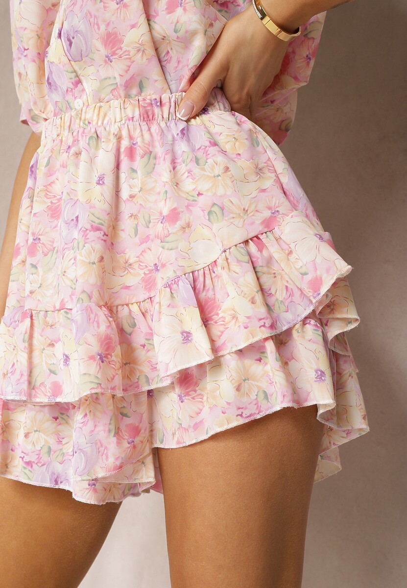 Fioletowe Spódnico-Szorty High Waist z Gumką w Pasie i Falbanką Gleiana