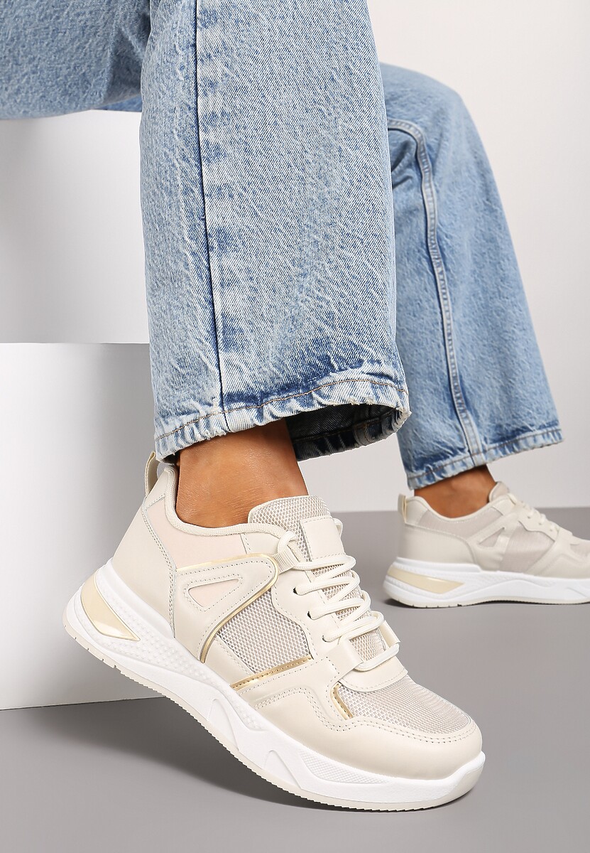 Beżowe Sneakersy na Ozdobnej Podeszwie ze Sznurowaniem Clarie