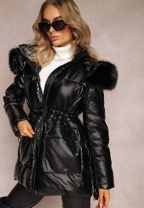 Czarna Kurtka z Kieszeniami i Metalicznym Blaskiem oraz Odpinanym Kapturem Lefexa