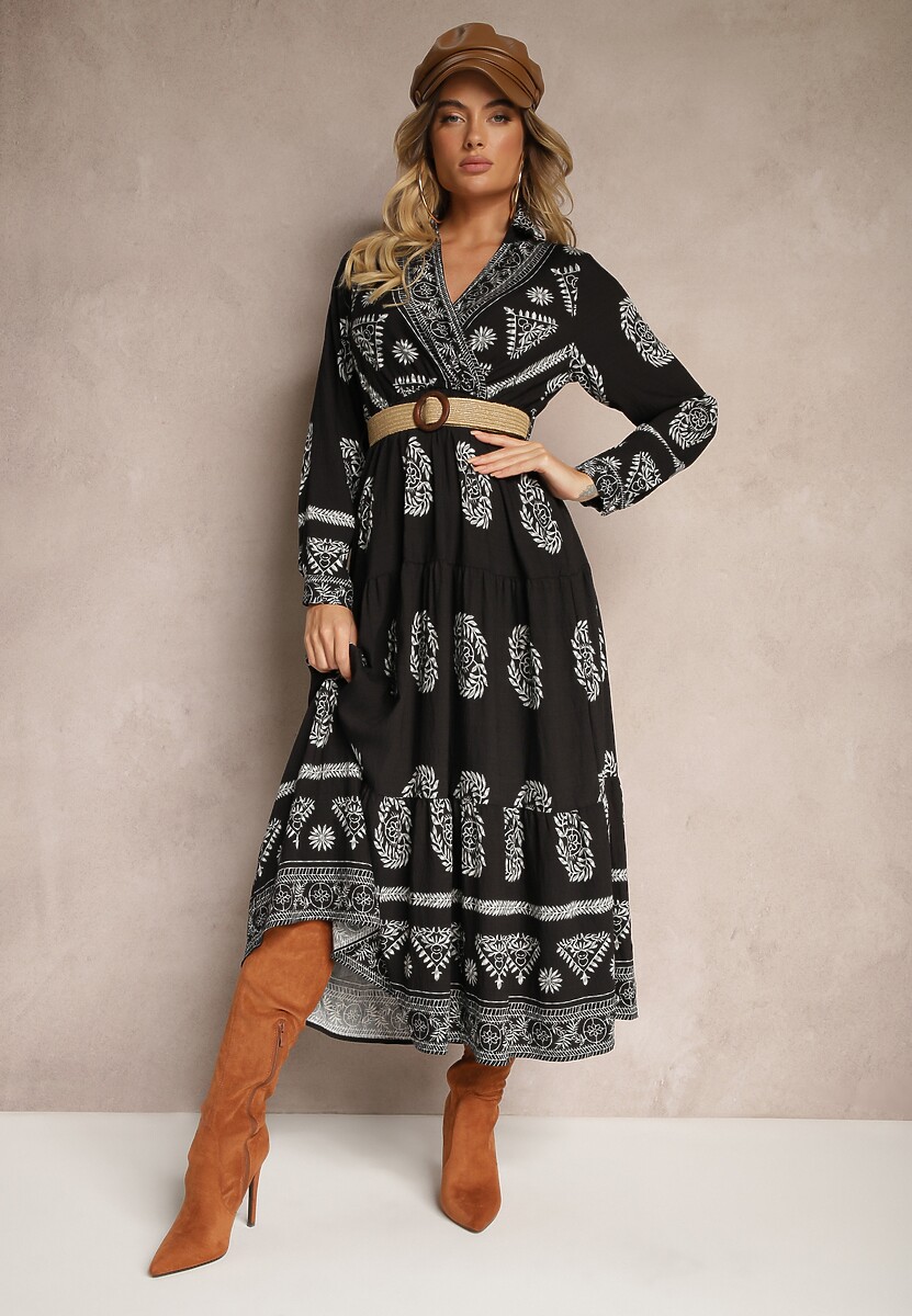 Czarna Sukienka z Wiskozą i Kopertowym Dekoltem Mirilaine