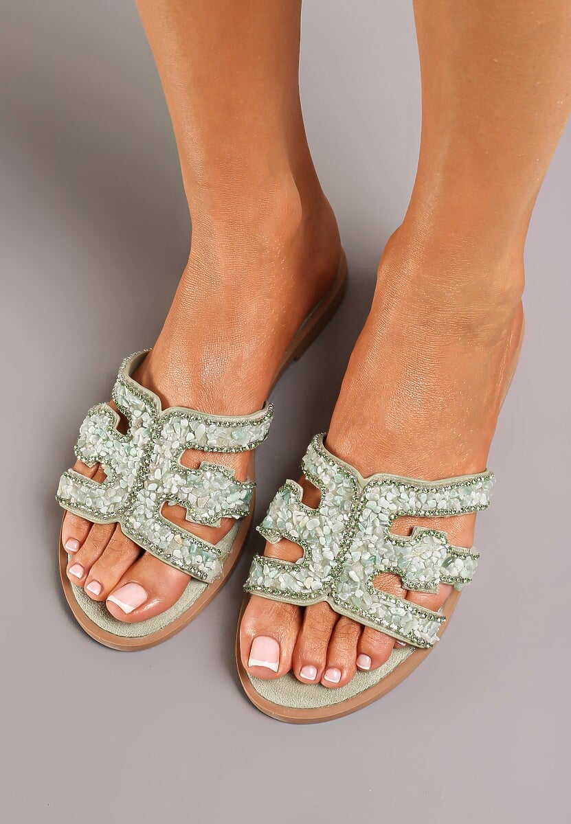 Zielone Klapki z Wycięciami na Pasku Ozdobione Kamyczkami i Cyrkoniami Sernia
