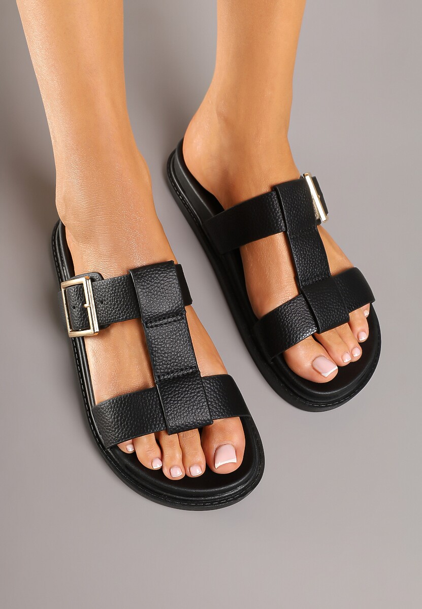 Czarne Geometryczne Klapki z Metaliczną Sprzączką Finvanis