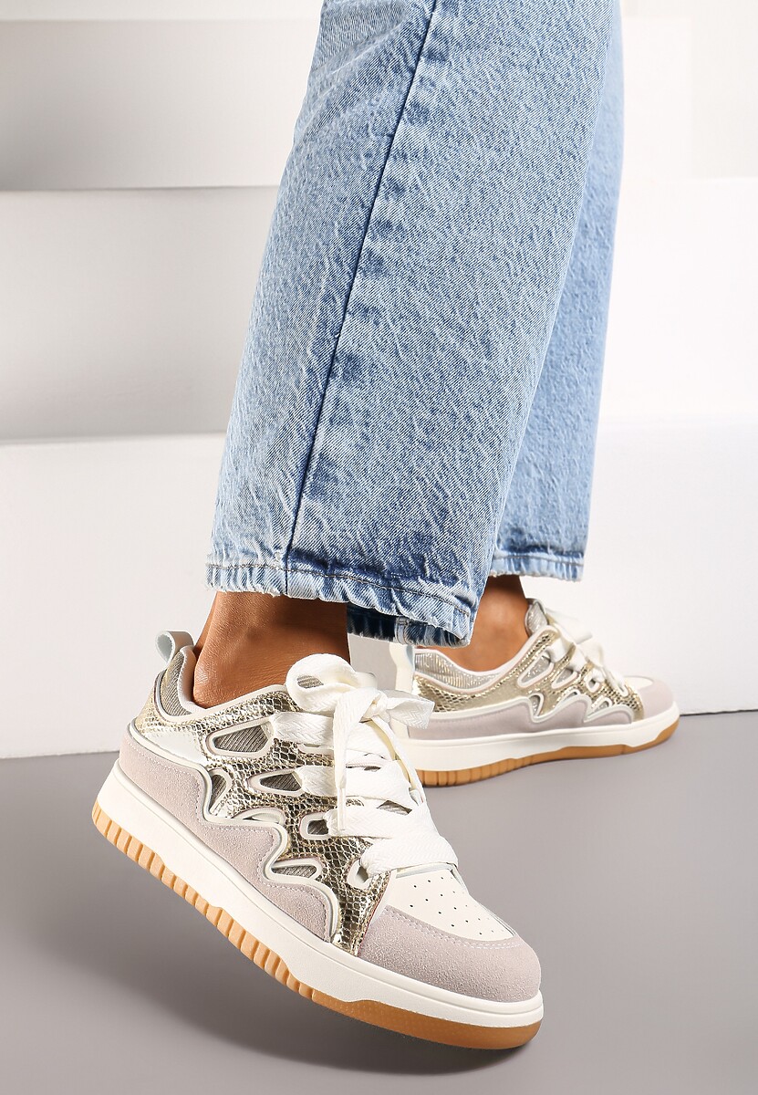 Srebrne Sneakersy z Metalicznym Błyskiem i Podwójnym Sznurowaniem Piniara