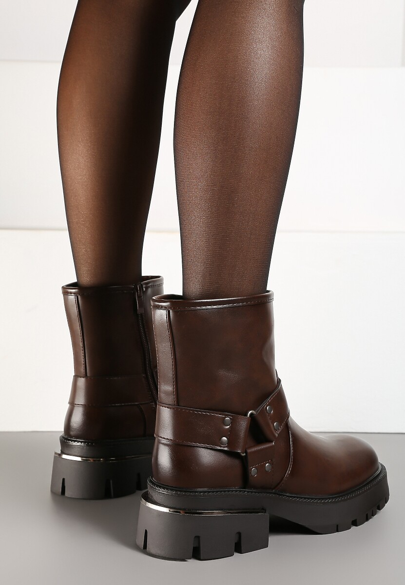 Brązowe Botki na Platformie w Stylu Bikerów Ozdobione Tłoczeniem i Klamrą Tineira