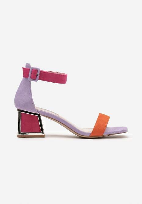 Pomarańczowo-Fioletowe Sandały z Metaliczną Wstawką na Słupku z Imitacji Zamszu Adlephia