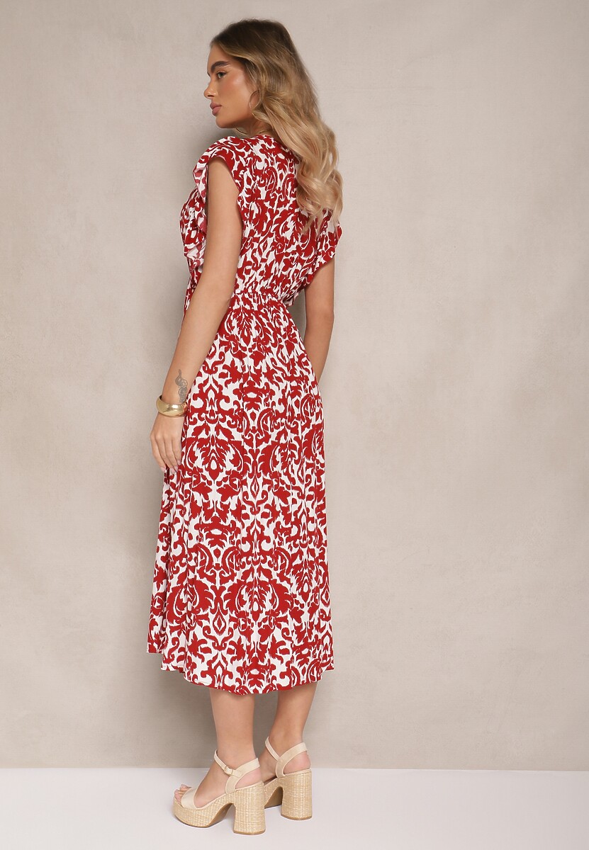 Bordowa Sukienka z Bawełny Rozkloszowana z Falbanami w Roślinny Wzór Zalimara