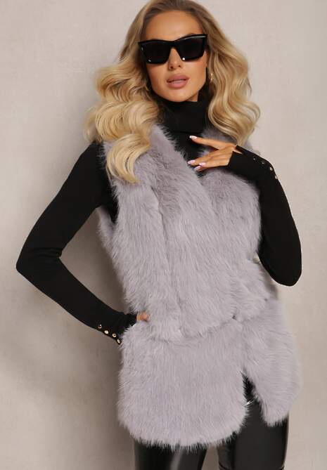 Szara Puchata Kamizelka z Futerka Ozdobiona Imitacją Skóry Tekllesa