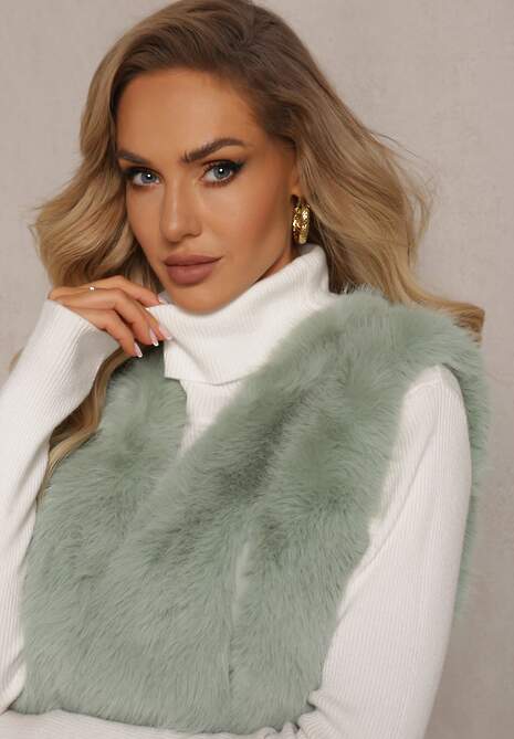 Jasnozielona Puchata Kamizelka z Futerka Ozdobiona Imitacją Skóry Tekllesa