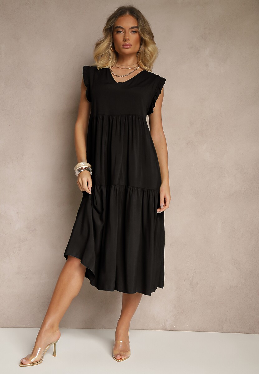 Jasnobeżowa Sukienka z Bawełny z Falbankami Hirlio