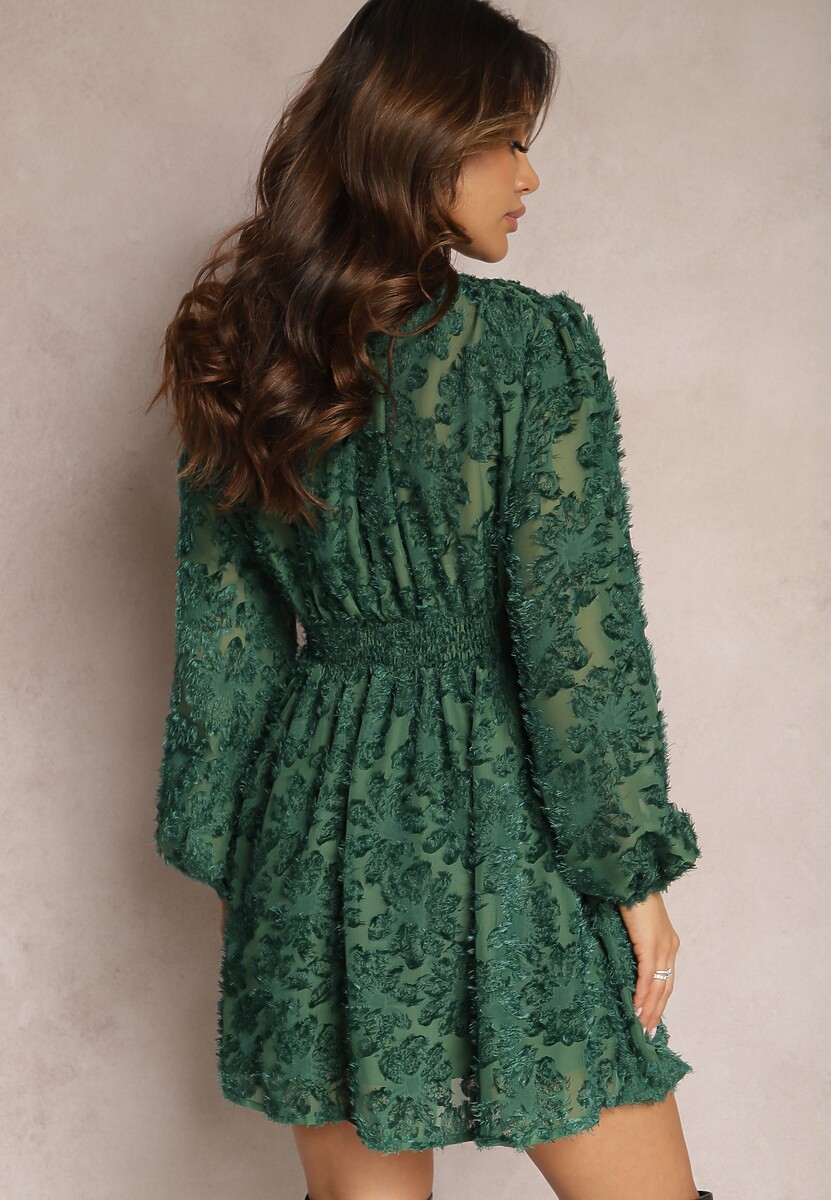 Zielona Koronkowa Sukienka Mini z Gumką w Pasie Netta