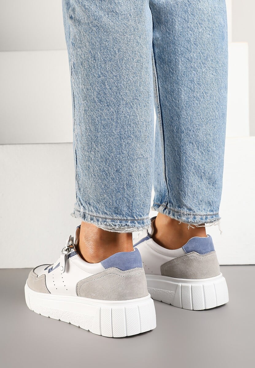 Białe Sneakersy z Naturalnej Skóry na Grubej Podeszwie z Suwakiem Soravelle