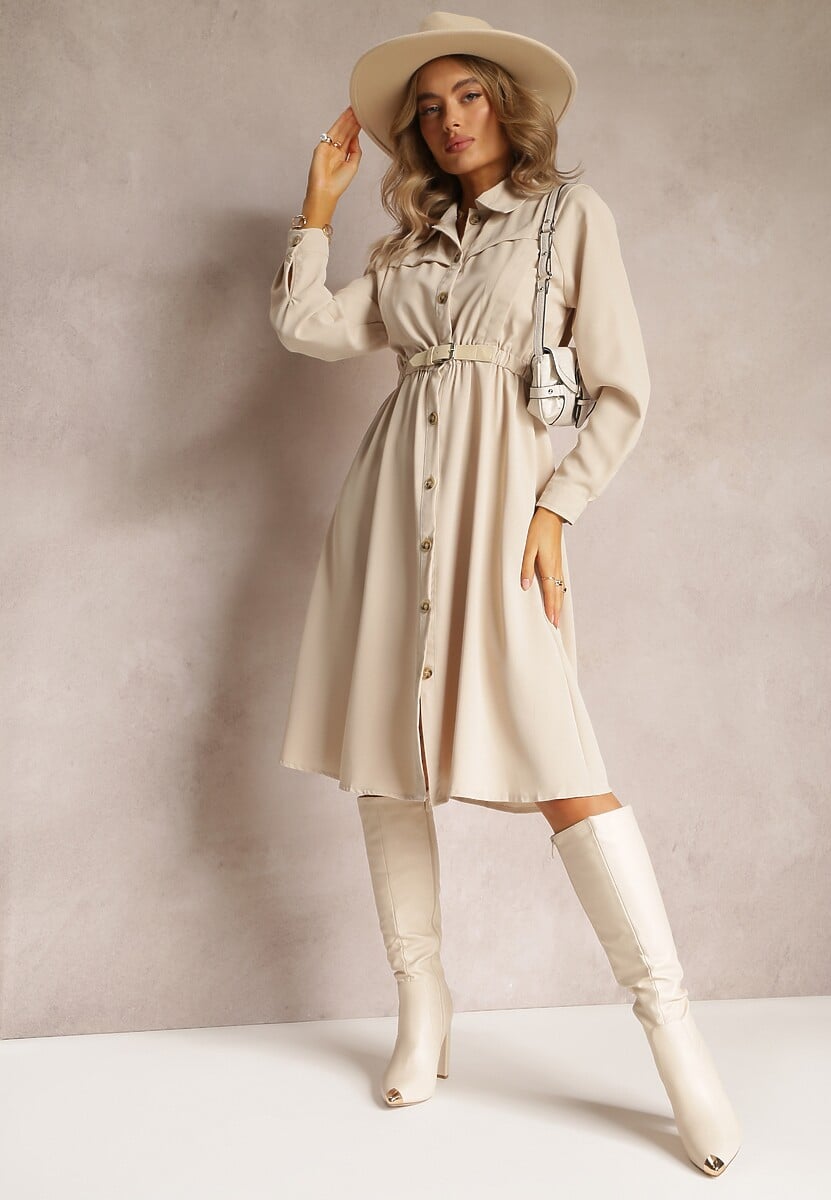 Beżowa Koszulowa Sukienka z Gumką w Talii i Paskiem z Klamerką Jenele