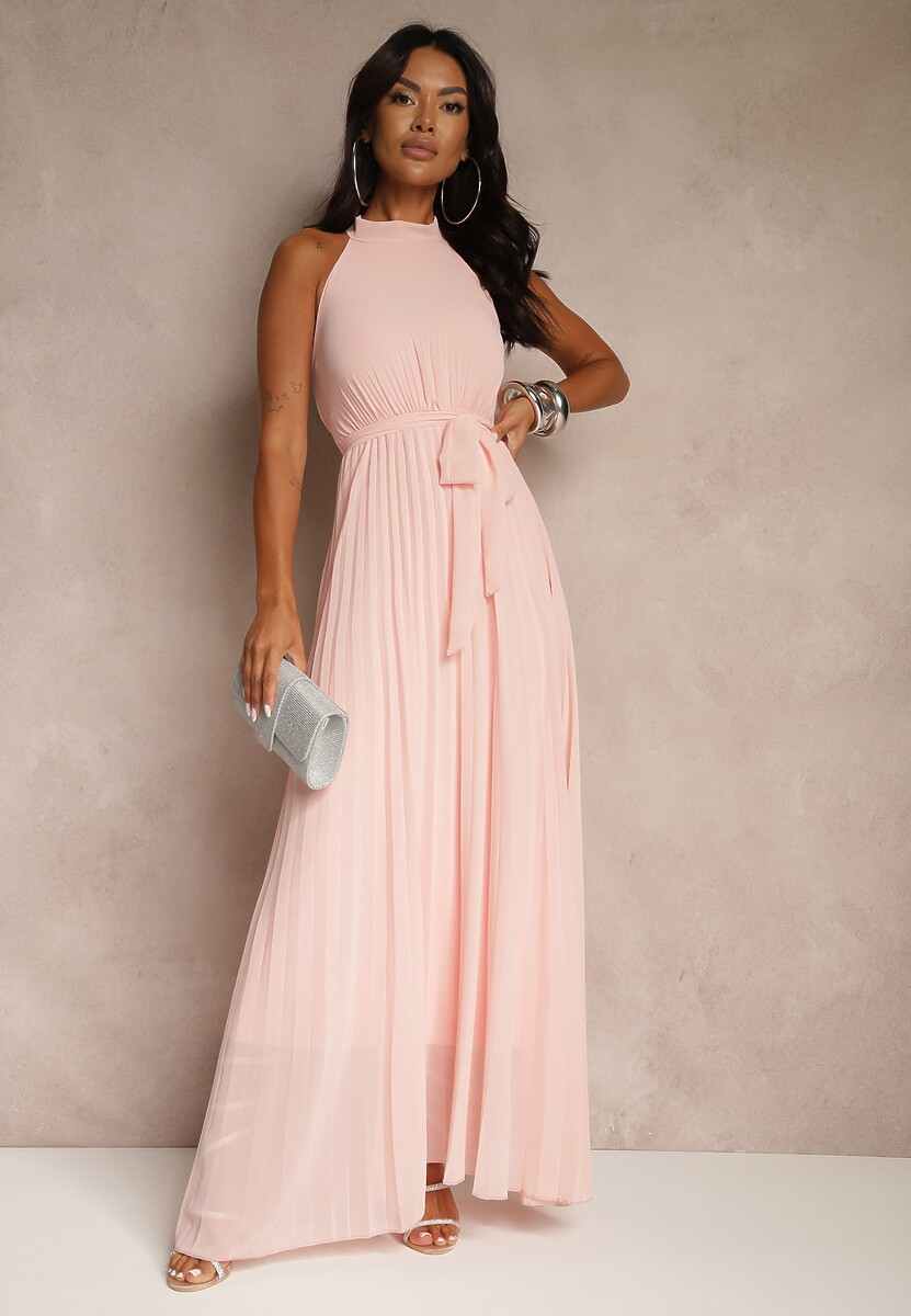 Różowa Sukienka Maxi bez Rękawów z Gumką w Talii z Plisowanej Tkaniny Pesstia