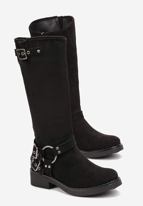 Czarne Kozaki Bikery z Ekoskóry z Ozdobnym Paskiem z Klamrą Marvita