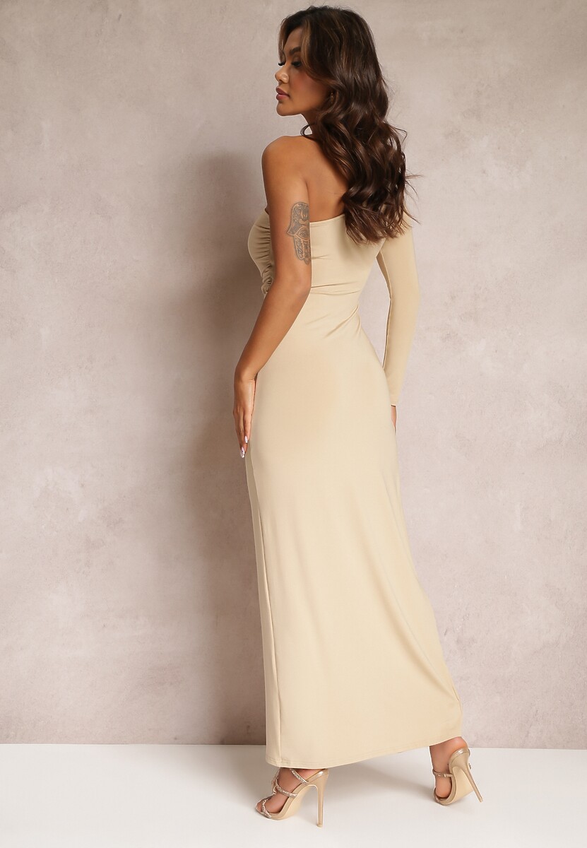 Beżowa Asymetryczna Sukienka Maxi Zdobiona Drapowaniem Kiari