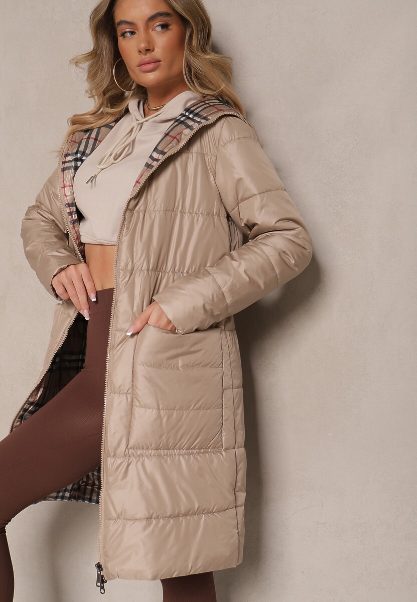 Beżowa Przejściowa Kurtka z Pikowanymi Przeszyciami i Kapturem Leandwen