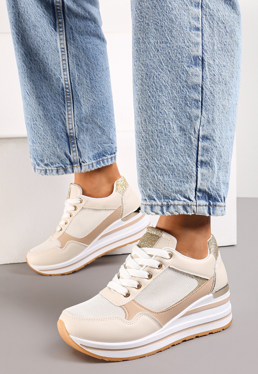 Beżowe Sneakersy na Niskiej Platformie ze Wstawkami Brokatowymi Gwenoa