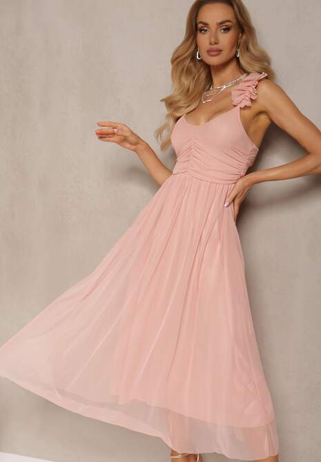 Różowa Rozkloszowana Sukienka na Ramiączkach z Gumką w Pasie z Falbankami Zafara