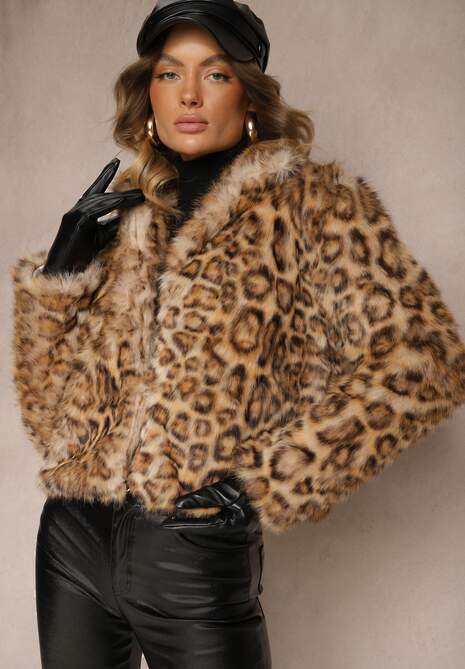 Brązowa Panterkowa Kurtka Futerko z Wiskozą Serintinnia