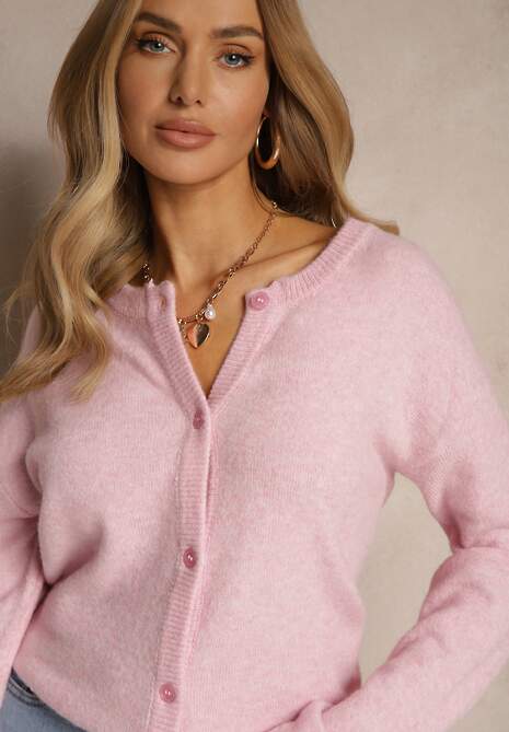 Różowy Klasyczny Kardigan z Zaokrąglonym Dekoltem Reonira
