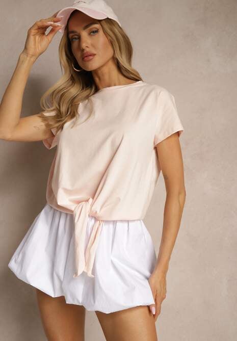 Jasnoróżowy Bawełniany T-shirt Wiązany u Dołu Sunalina