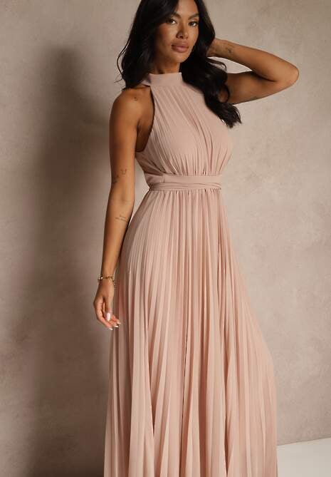 Jasnoróżowa Sukienka Maxi bez Rękawów z Gumką w Talii z Plisowanej Tkaniny Pesstia