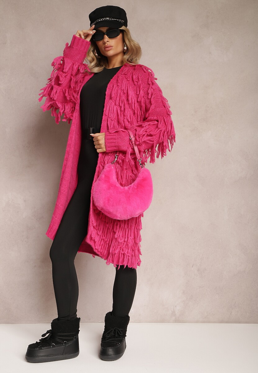 Fuksjowy Niezapinany Kardigan w Ozdobne Frędzle Massawa