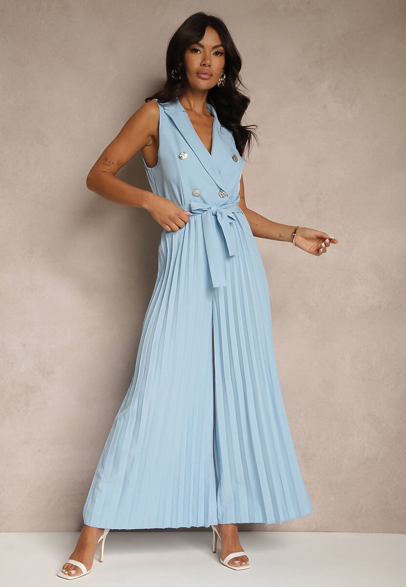 Niebieski Kombinezon Taliowany w Garniturowym Stylu z Paskiem i Guzikami Fillomia