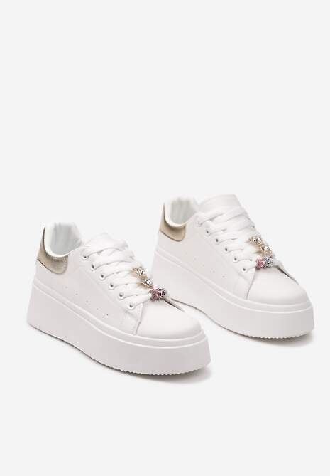 Biało-Złote Sneakersy z Cyrkoniami na Sznurówkach z Platformą Nomiji