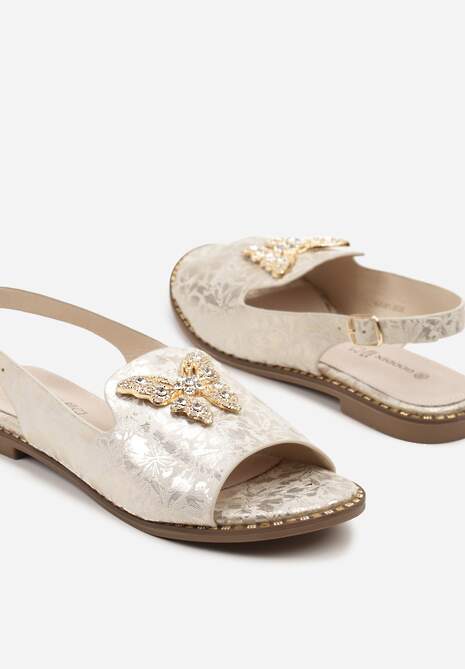 Jasnobeżowe Sandały Slingback ze Skórzaną Wkładką i Cyrkoniową Aplikacją z Motylem Idirane