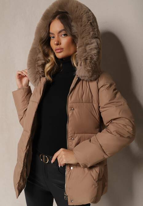 Beżowa Kurtka Pikowana z Kapturem i Odpinanym Kołnierzem Wiązana w Pasie Sialwenna