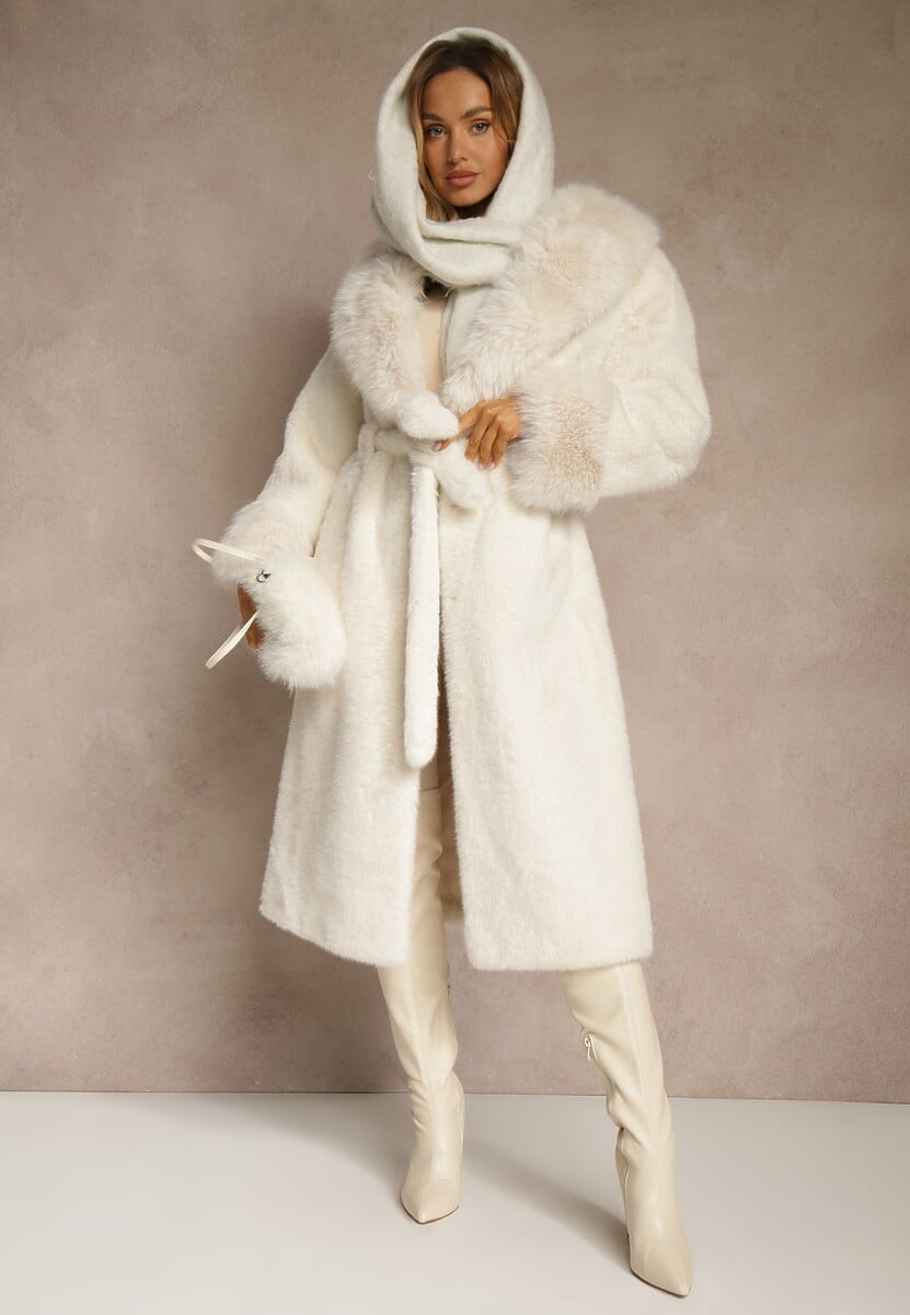 Biały Futrzany Płaszcz z Wiązanym Paskiem Ozdobnym Kołnierzem i Mankietami Viaressa