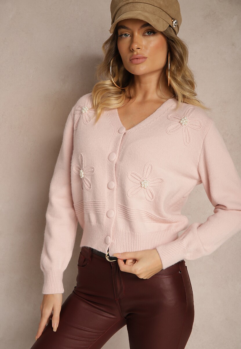 Beżowy Kardigan z Wiskozy Zdobiony Kwiatowymi Aplikacjami z Perełkami Gemirra