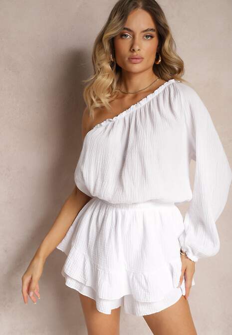 Biały Bawełniany Kombinezon z Gumką w Talii na Jedno Ramię Vimella