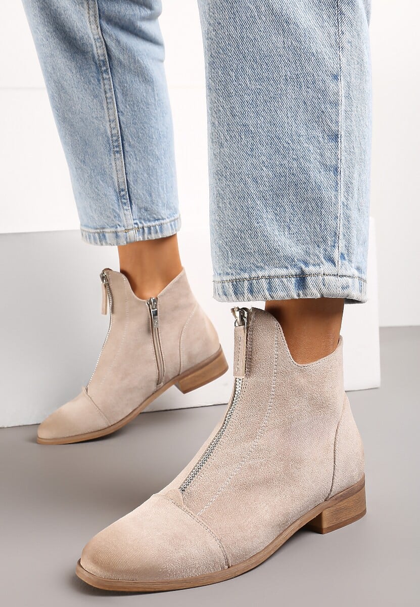 Beżowe Botki w Stylu Nowoczesnych Sztybletów ze Skórzaną Wkładką i Ozdobnym Suwakiem Asaxs