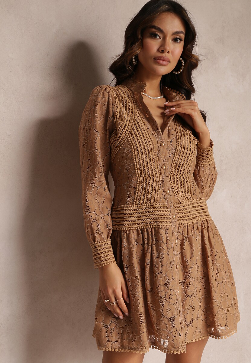 Ciemnobeżowa Rozkloszowana Sukienka Koszulowa Rutty