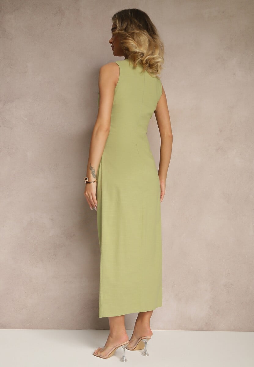 Zielona Sukienka Dopasowana z Bawełny i Wiskozy z Rozcięciem Tunaria