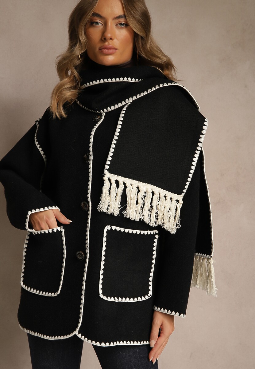 Czarna Kurtka Oversize z Szalikiem i Ozdobnymi Przeszyciami Claritila